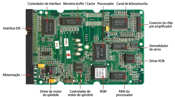 Placa eletrônica de disco rígido de geração anterior.