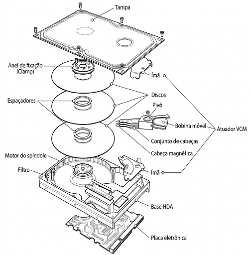 Diagrama original de montagem e componentes mecânicos de um disco rígido